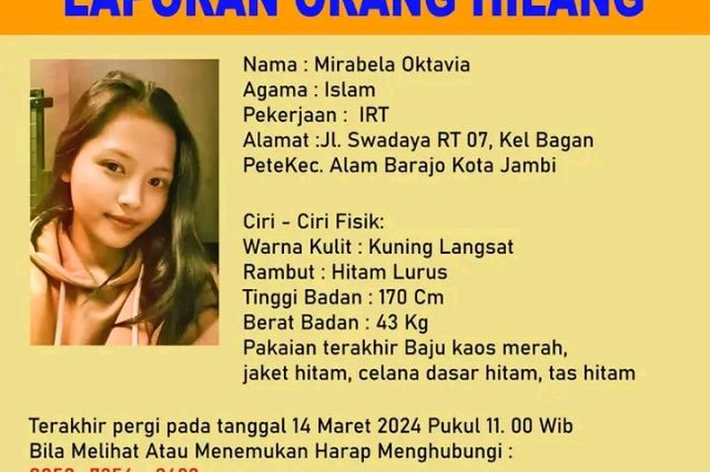 Informasi Orang Hilang: Nama Mirabela Oktavia